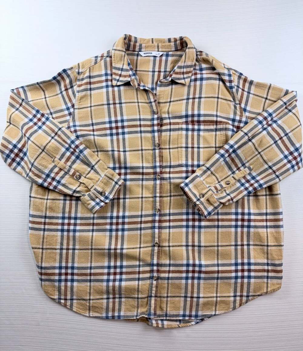 Sonoma Women's Plaid Flannel Button Down Shirt Size 1X Yellow Brown Blue